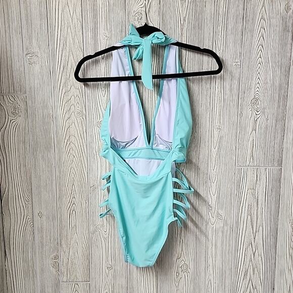 Aqua Eve Blue One Piece Halter Plunge V Neck Swimsuit Womens Size Medium NWT - Picture 5 of 12